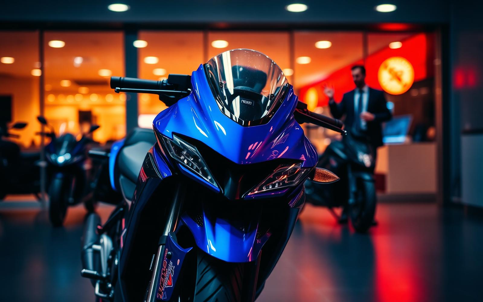 Moto Yamaha azul exposta no showroom da concessionária em São Paulo